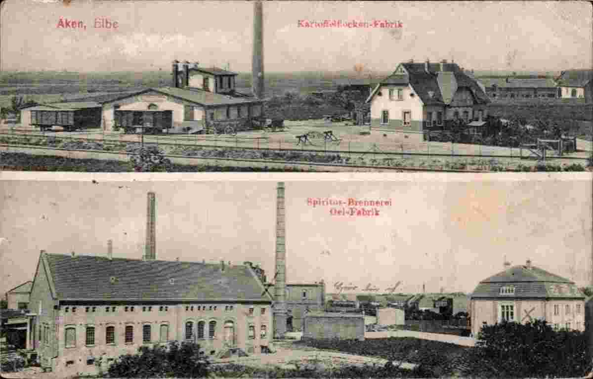 Aken. Kartoffelflocken-Fabrik, Spiritus-Brennerei Oel Fabrik, 1914