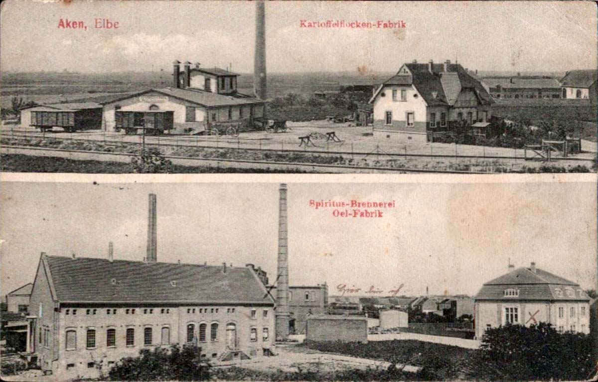 Aken (Elbe). Kartoffelflocken-Fabrik, Spiritus-Brennerei Oel Fabrik, 1914