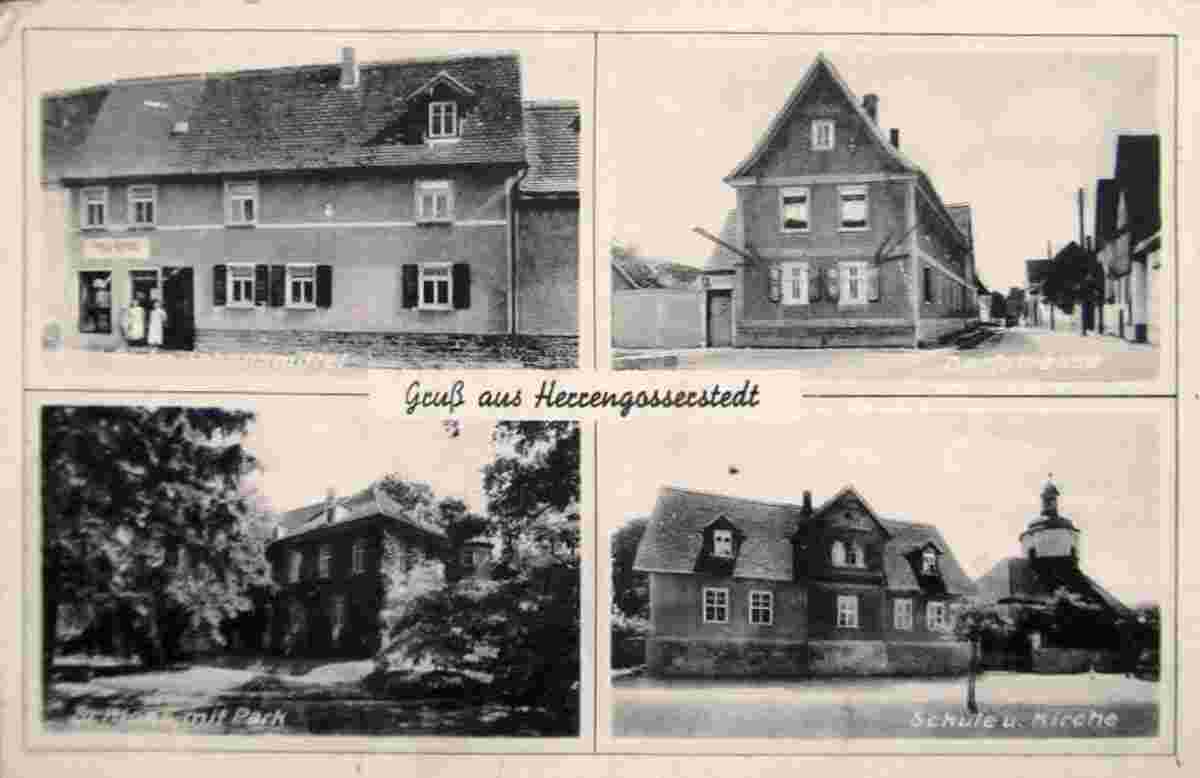 An der Poststraße. Herrengosserstedt - Dorfstraße, Schloß mit Park, Schule und Kirche, 1929
