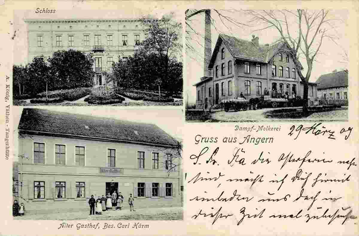 Angern. Schloß, Alter Gasthof, besitzer Carl Harm, Dampf-Molkerei, 1909