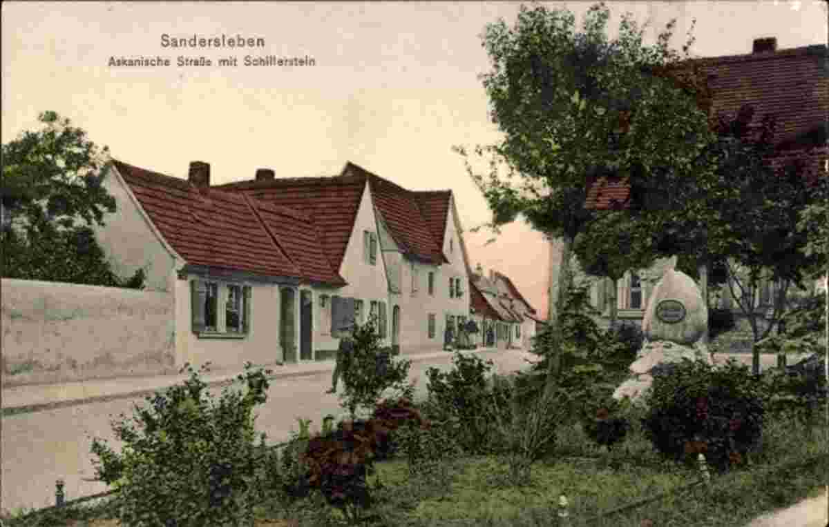 Arnstein. Sandersleben - Askanische Straße mit Schillerstein, 1915