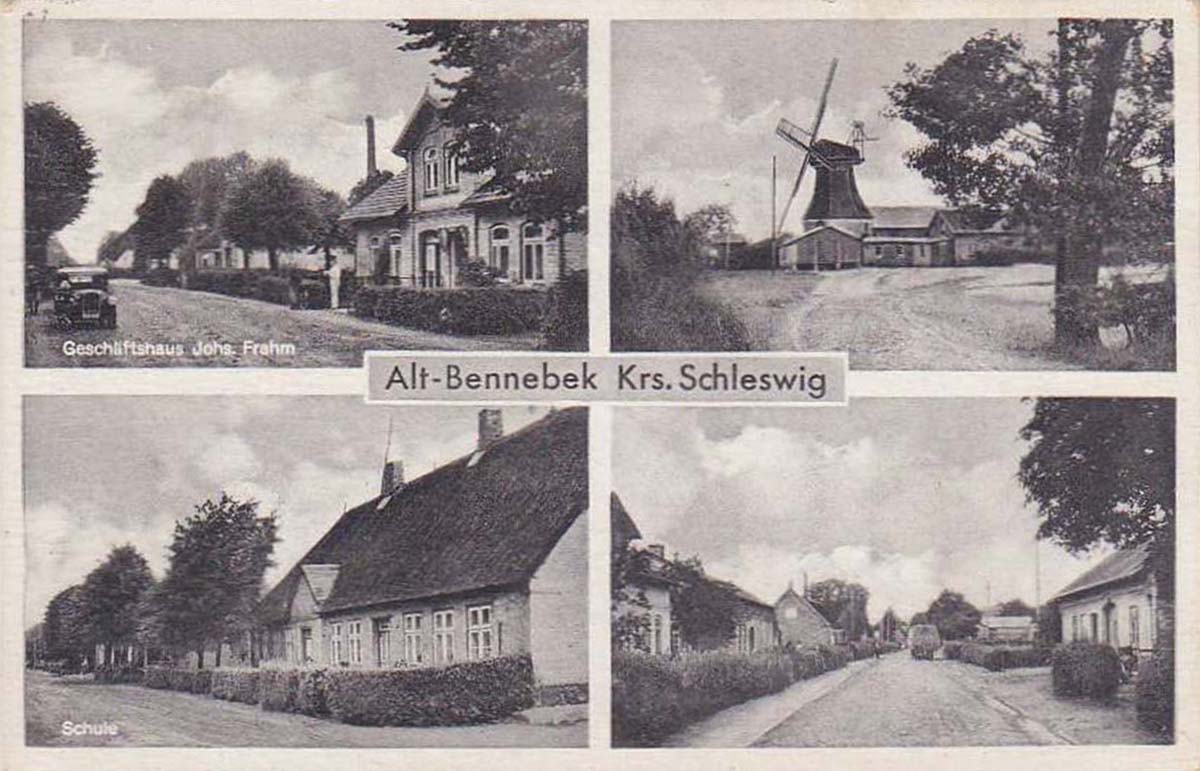 Alt Bennebek. Blick auf Schule, Mühle und Dorfstraßen
