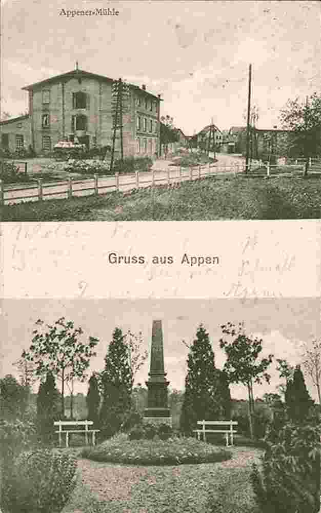 Appen. Mühle und Kriegerdenkmal