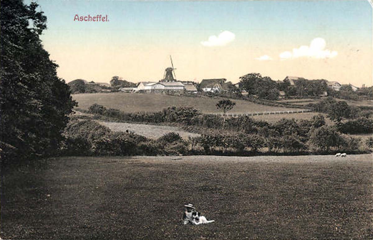 Ascheffel. Panorama mit Mühle, 1917