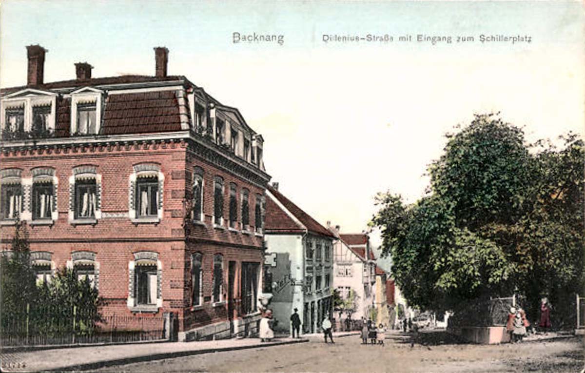 Backnang. Dilleniusstraße mit Eingang zum Schillerplatz, 1910