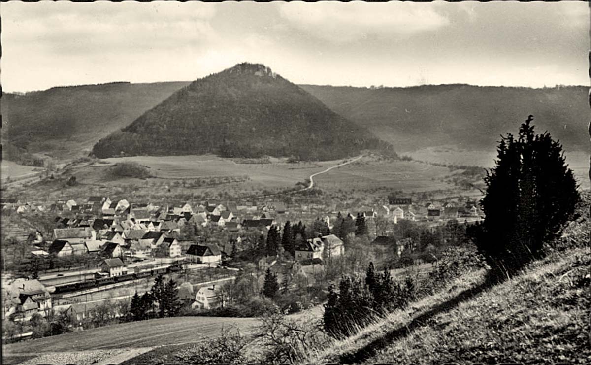 Panorama von Bad Ditzenbach mit Bahnhof, 1958