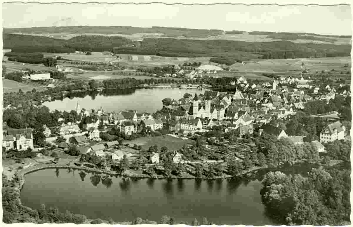 Bad Waldsee. Panorama von Stadt mit Seen, 1956