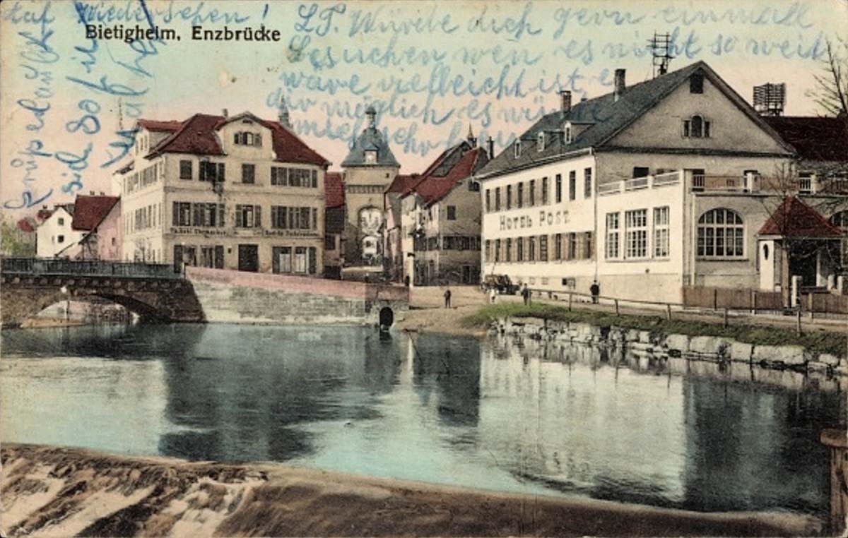 Bietigheim-Bissingen. Panorama von Fluss mit Enzbrücke, 1918
