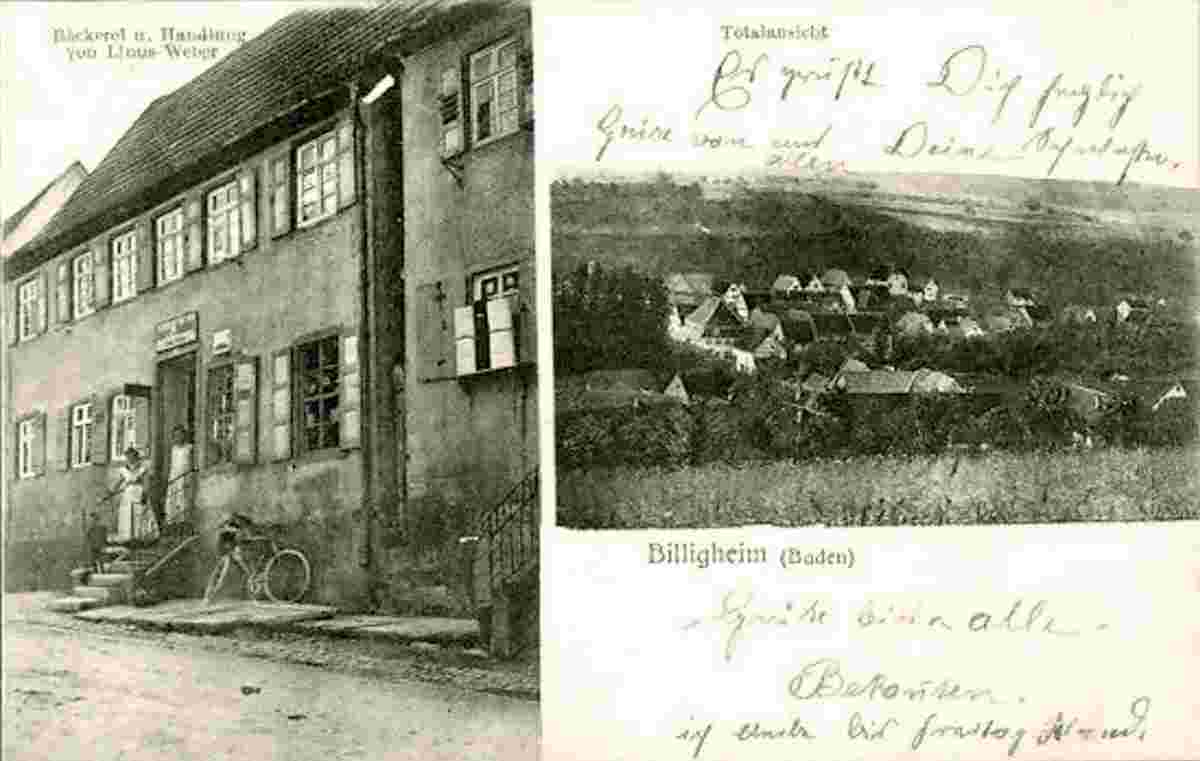 Panorama von Billigheim, Bäckerei-Handlung von Linus Weber, 1908