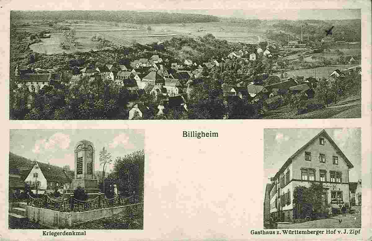 Panorama von Billigheim, Kriegerdenkmal, Gasthaus 'Württemberger Hof', 1926