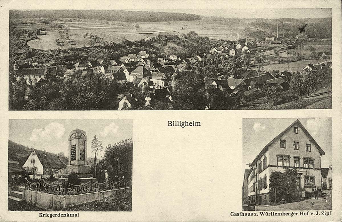 Panorama von Billigheim, Kriegerdenkmal, Gasthaus 'Württemberger Hof'