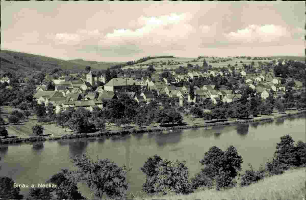 Panorama von Binau und fluss Neckar, um 1960
