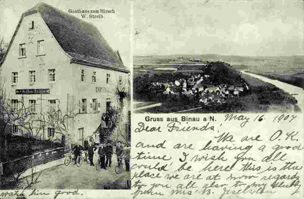 Panorama von Binau, Gasthaus zum Hirsch, Inhaber W. Streib, 1907