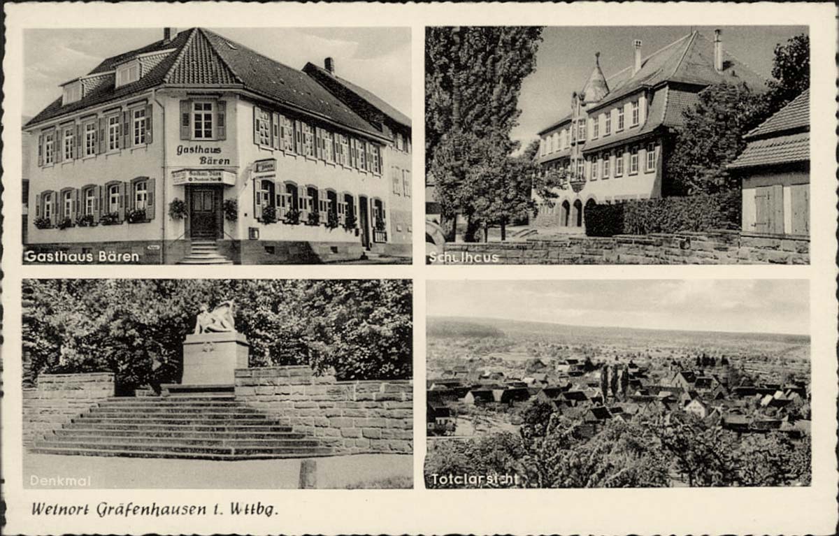 Panorama von Birkenfeld, Gasthaus Bären, Schulhaus und Denkmal