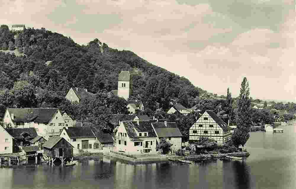 Bodman-Ludwigshafen. Bodensee mit Schloß Frauenberg und Ruine Bodman, 1964
