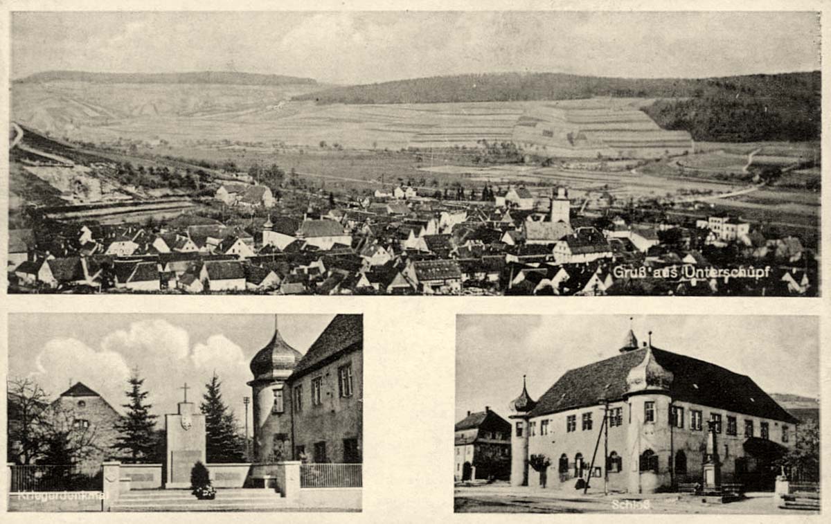 Boxberg. Unterschüpf - Panorama, Kriegerdenkmal und Schloß, um 1935
