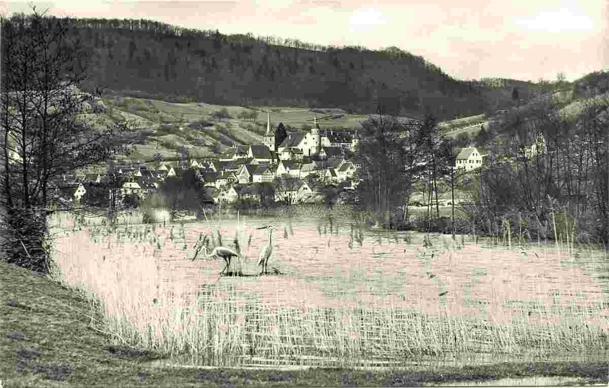 Panorama von Braunsbach, Fischreiher am fluss Kocher, um 1960s