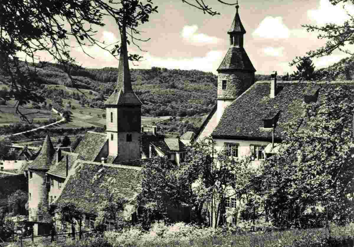 Braunsbach. Panorama von Kirche und Schloß