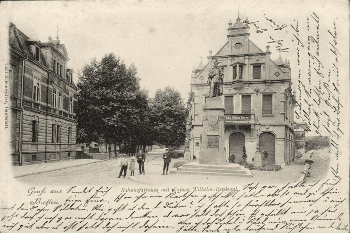 Bretten. Bahnhofstraße mit Kaiser Wilhelm Denkmal, 1902