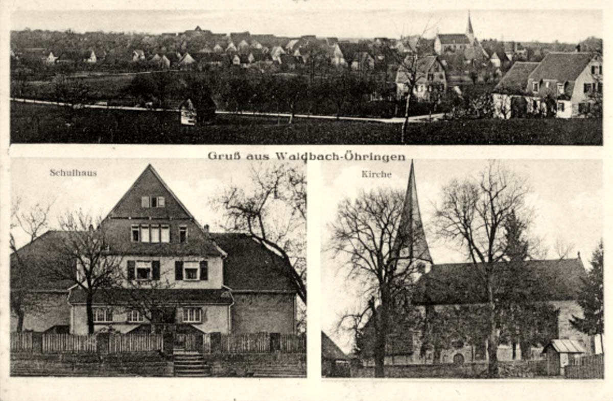 Bretzfeld. Panorama von Waldbach, Schulhaus, Kirche