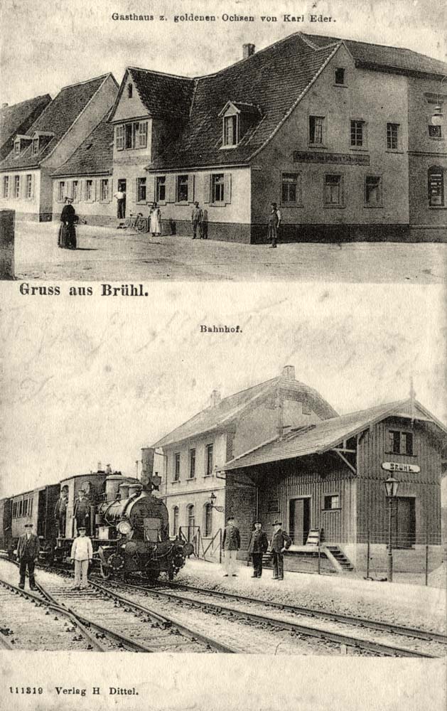 Brühl. Gasthaus zum goldenen Ochsen und Bahnhof, 1910