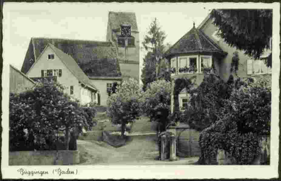 Buggingen. Panorama von Straße mit Kirche, um 1930