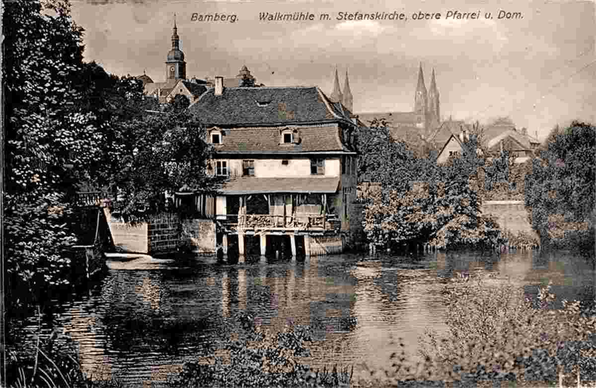 Bamberg. Walkmühle mit Stephanskirche, obere Pfarrei und Dom