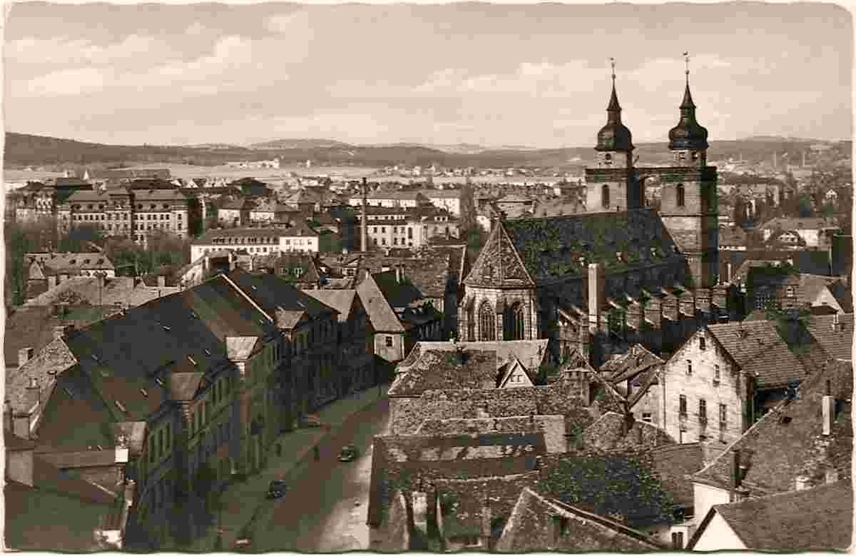 Bayreuth. Ortsansicht vom Schloßturm zur Kirche Fabriken, um 1950