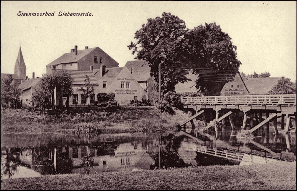 Bad Liebenwerda. Holzbrücke, Fahrrad-Reparaturwerkstatt, 1918