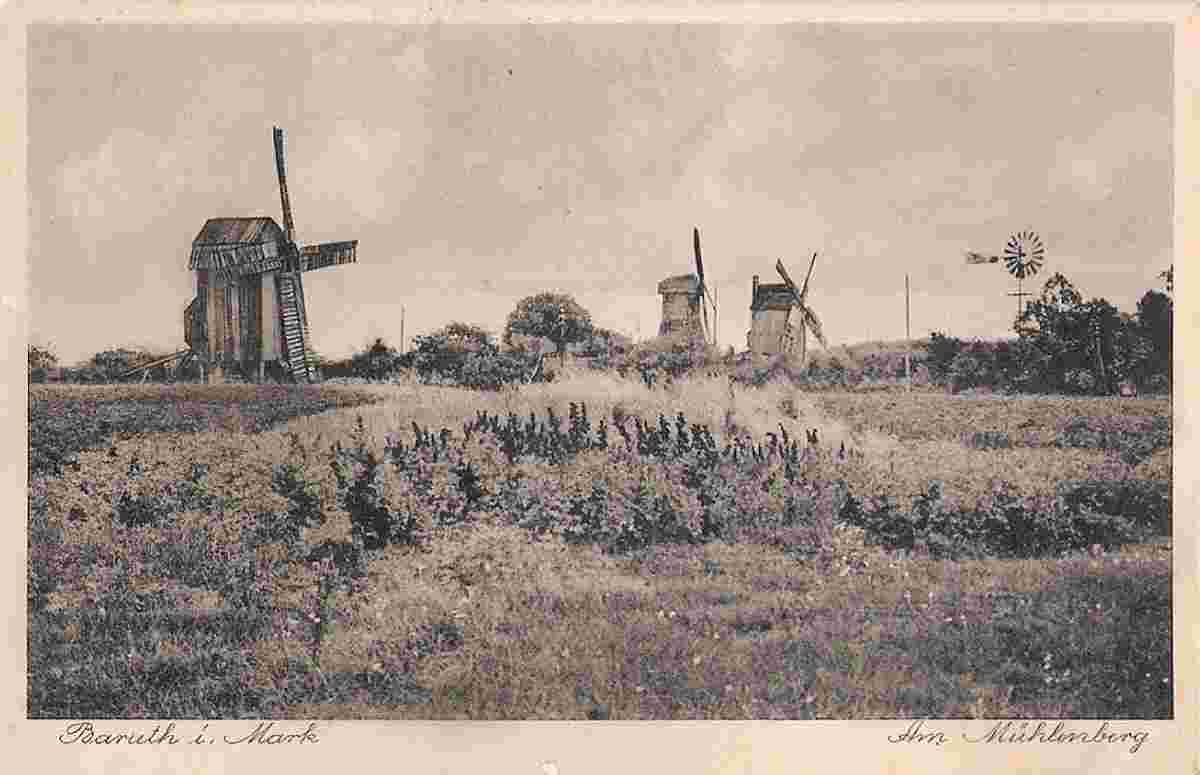 Baruth. Am Mühlenberg, 3 Windmühle und 1 Windrad Repeller, 1932