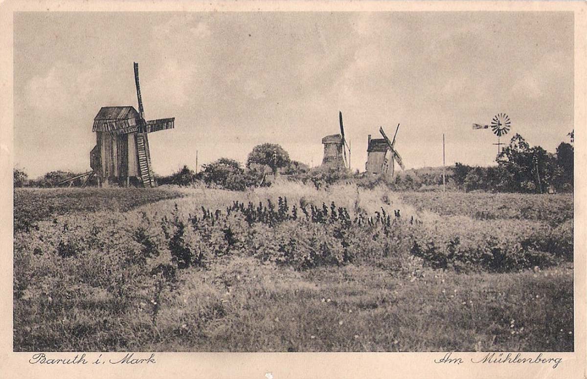 Baruth (Mark). Am Mühlenberg, 3 Windmühle und 1 Windrad Repeller, 1932
