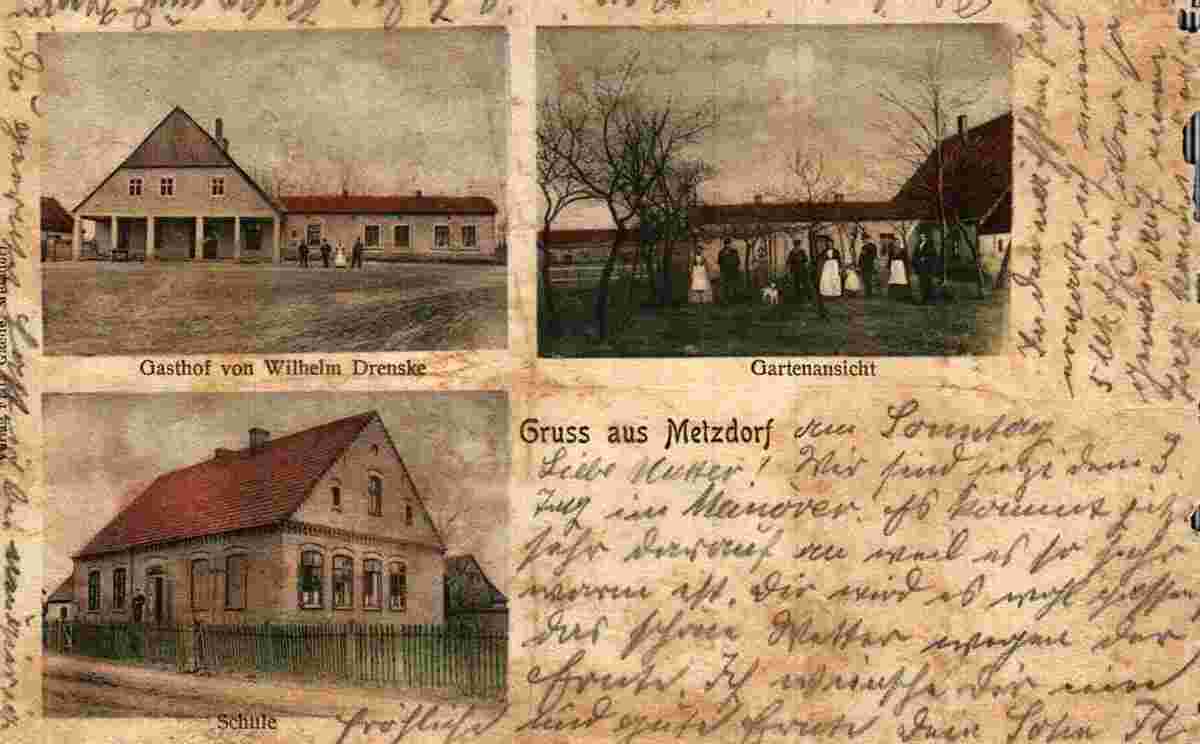 Bliesdorf. Metzdorf - Gasthof von Wilhelm Drenske, Gartenansicht, Schule