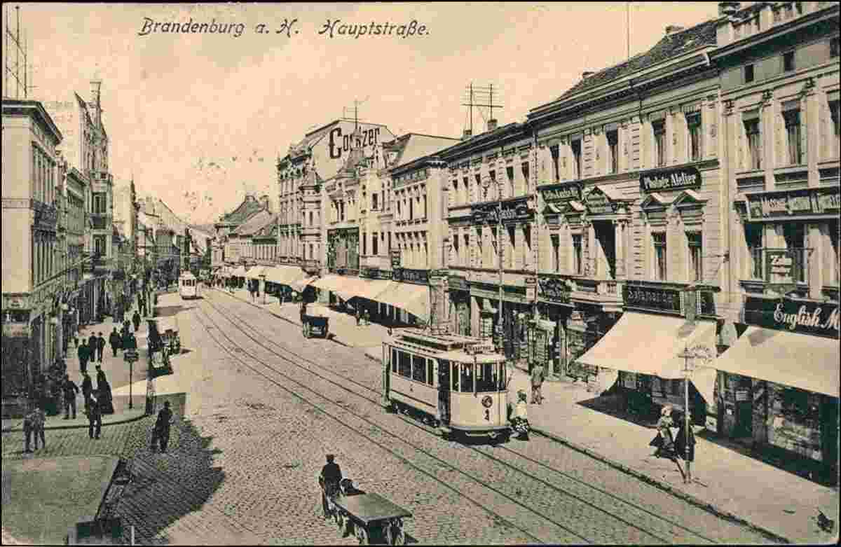 Brandenburg Havel. Hauptstraße, Geschäfte, Straßenbahn, 1920