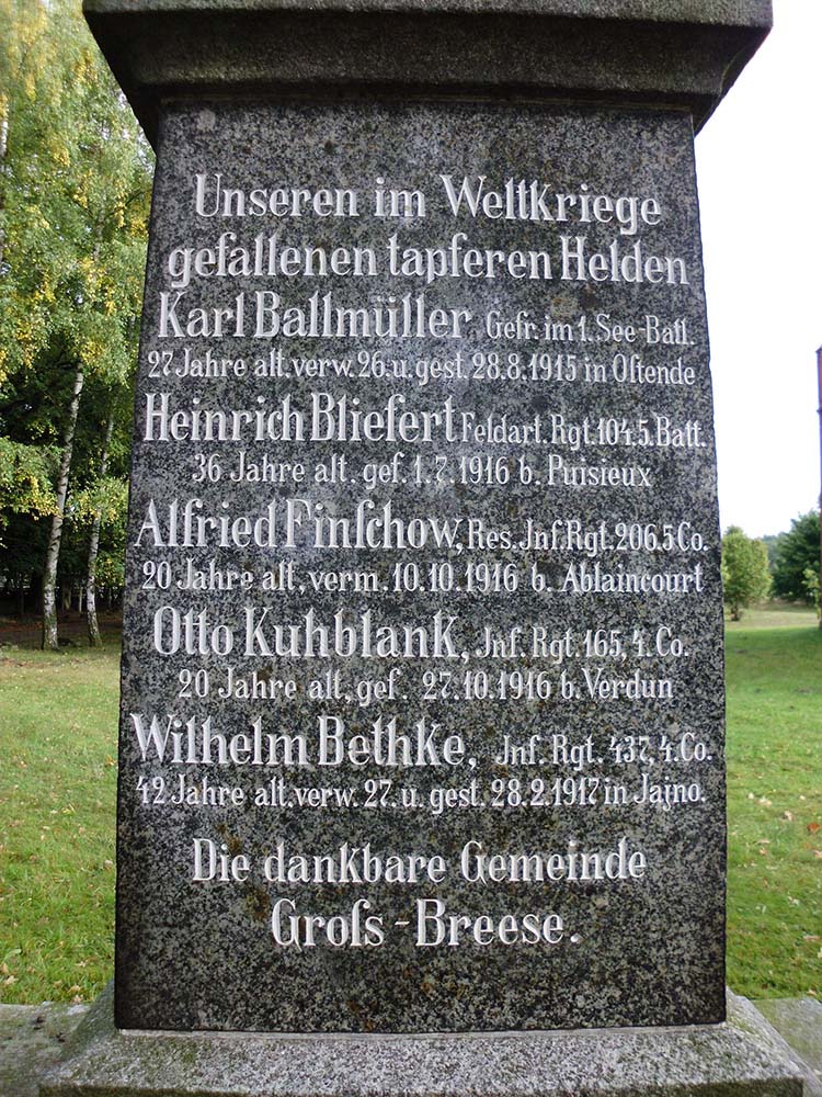 Groß Breese - Denkmal für die im Ersten Weltkrieg gefallenen Soldaten