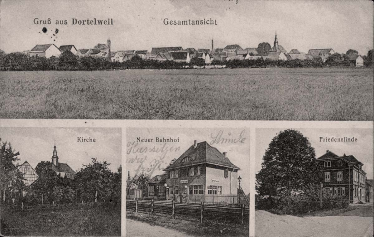 Bad Vilbel. Dortelweil - Kirche, Neuer Bahnhof, Friedenslinde, 1919