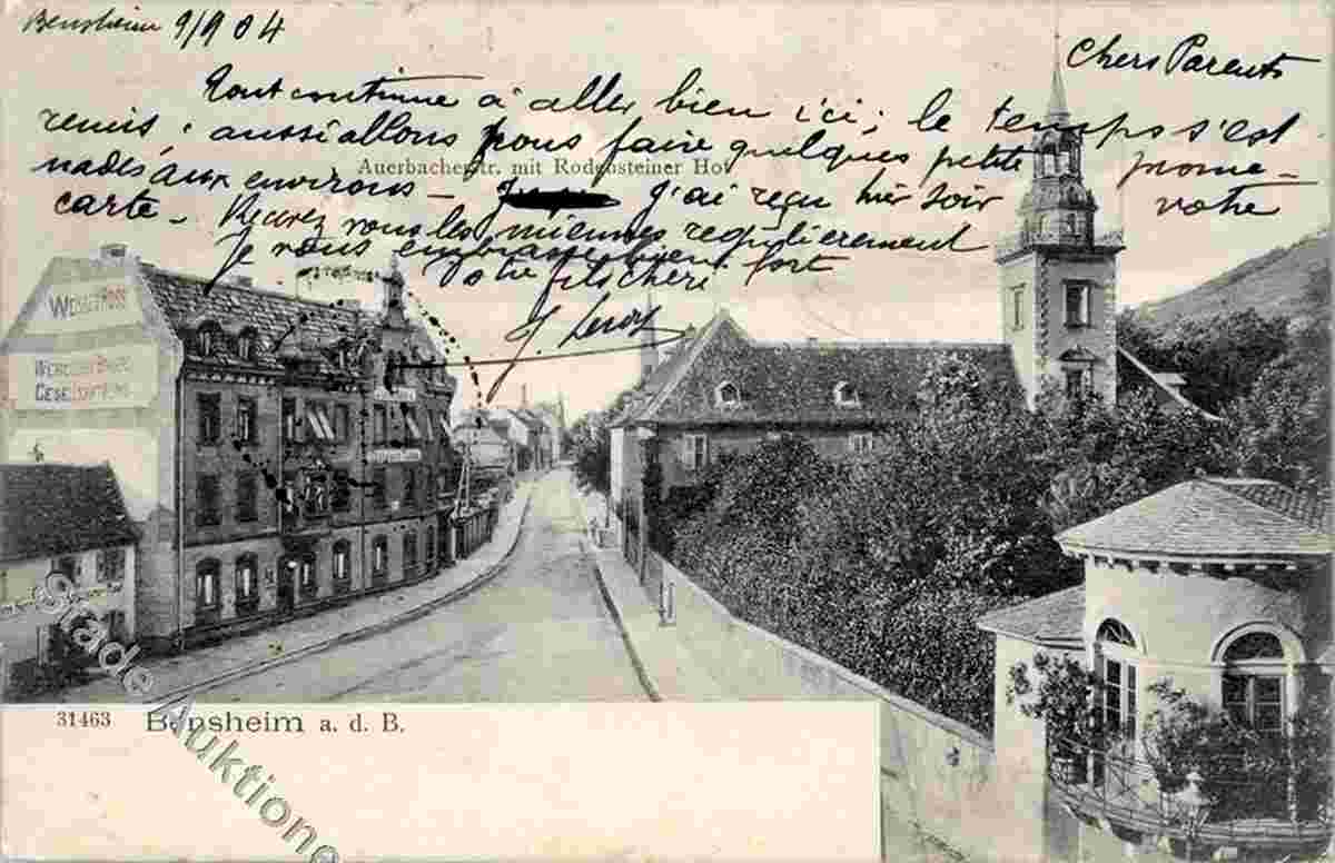 Bensheim. Auerbacher Straße mit Rodensteiner Hof, 1904