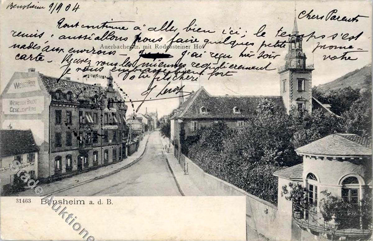 Bensheim. Auerbacher Straße mit Rodensteiner Hof, 1904