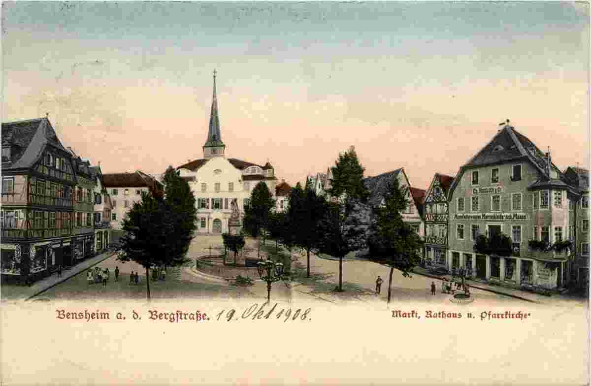 Bensheim. Markt, Rathaus und Pfarrkirche, 1908