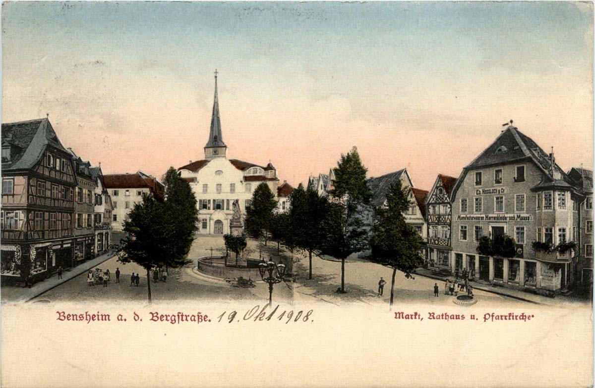 Bensheim. Markt, Rathaus und Pfarrkirche, 1908