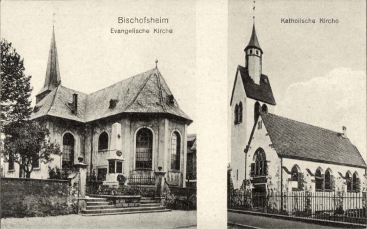 Bischofsheim (Mainspitze). Evangelische Kirche und Katholische Kirche, 1919