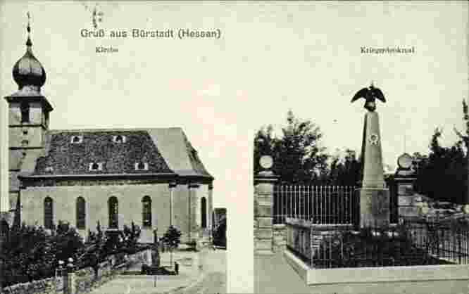 Bürstadt. Kirche und Kriegerdenkmal