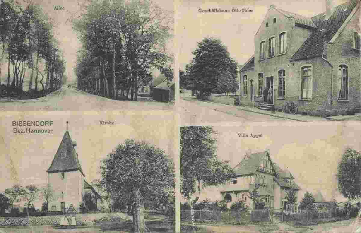 Bissendorf. Allee, Geschäftshaus Otto Thies, Kirche, Villa Appel, 1915