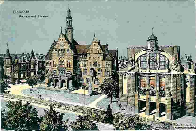 Bielefeld. Das Rathaus, rechts das Stadttheater