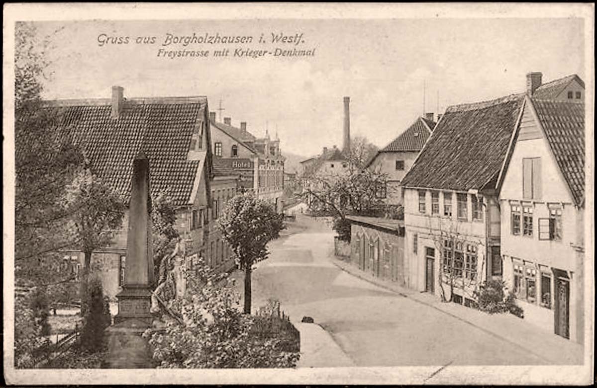 Borgholzhausen. Freistrasse mit Kriegerdenkmal, 1909