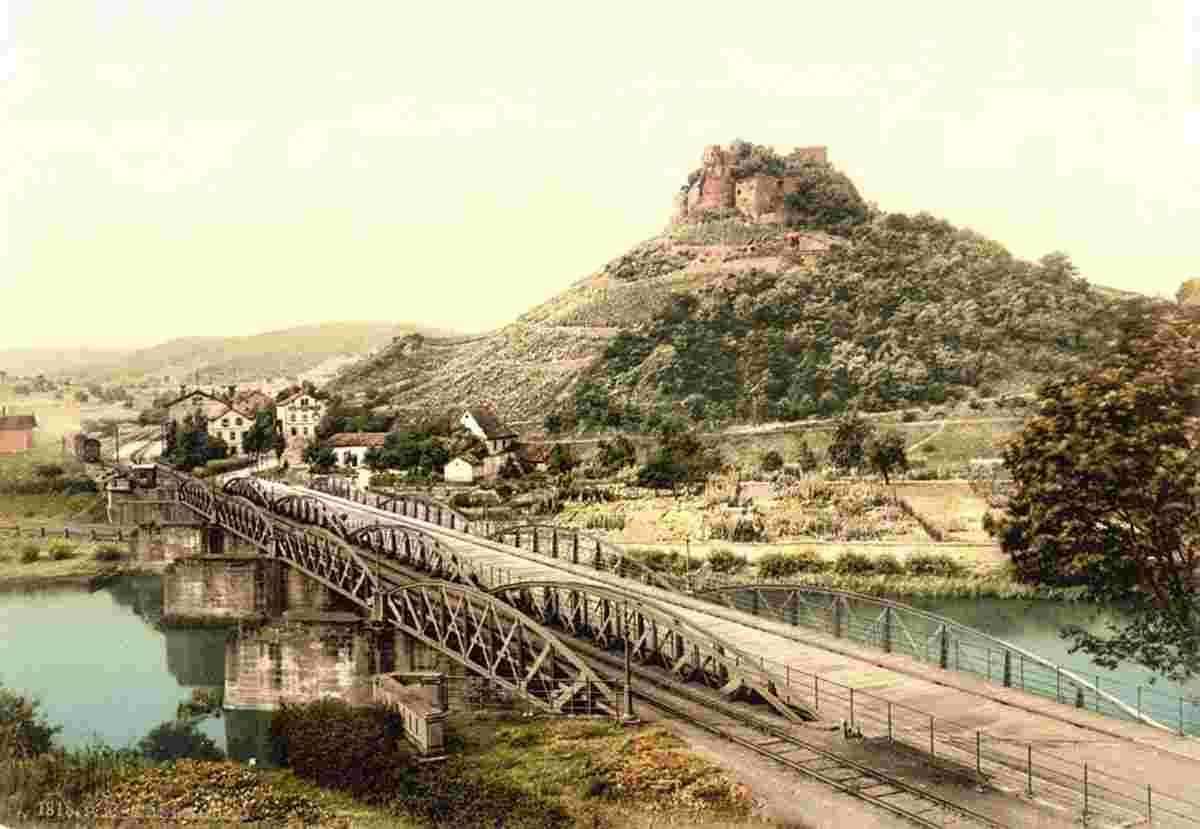 Bad Münster am Stein-Ebernburg. Panorama von Ebernburg und brücke um 1900s