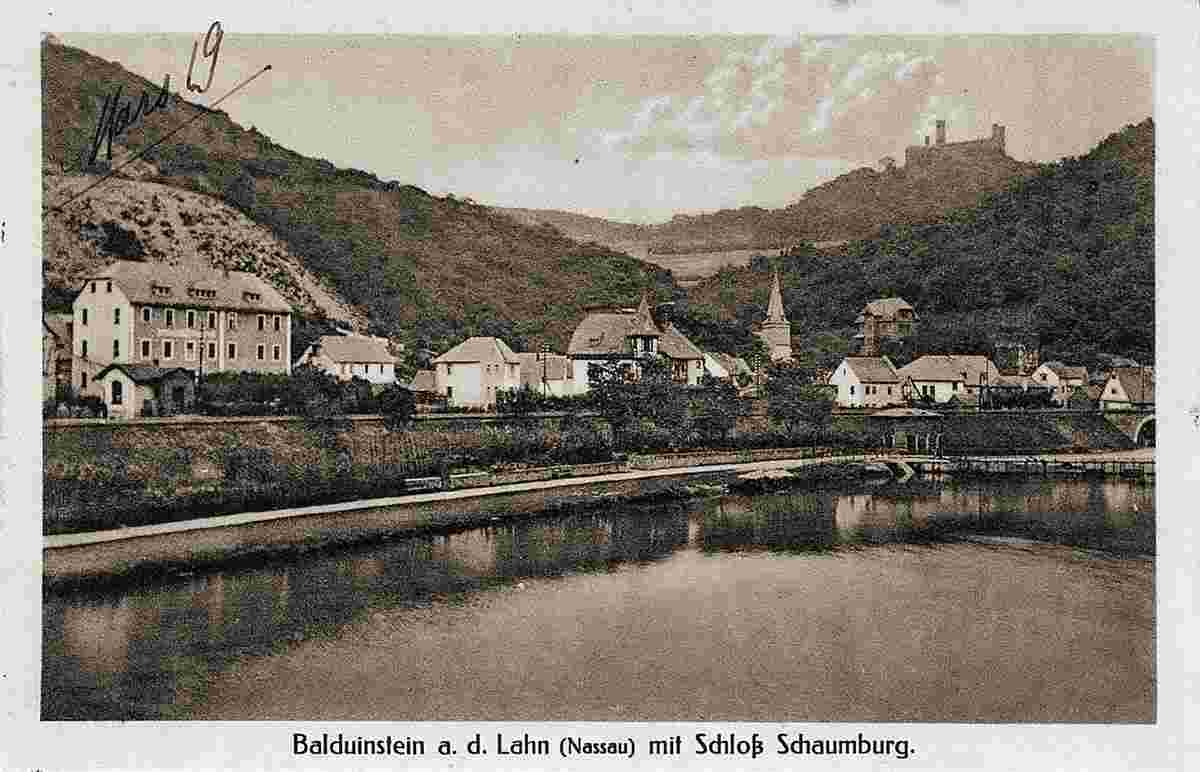 Blick auf Balduinstein und Schloss Schaumburg, 1917