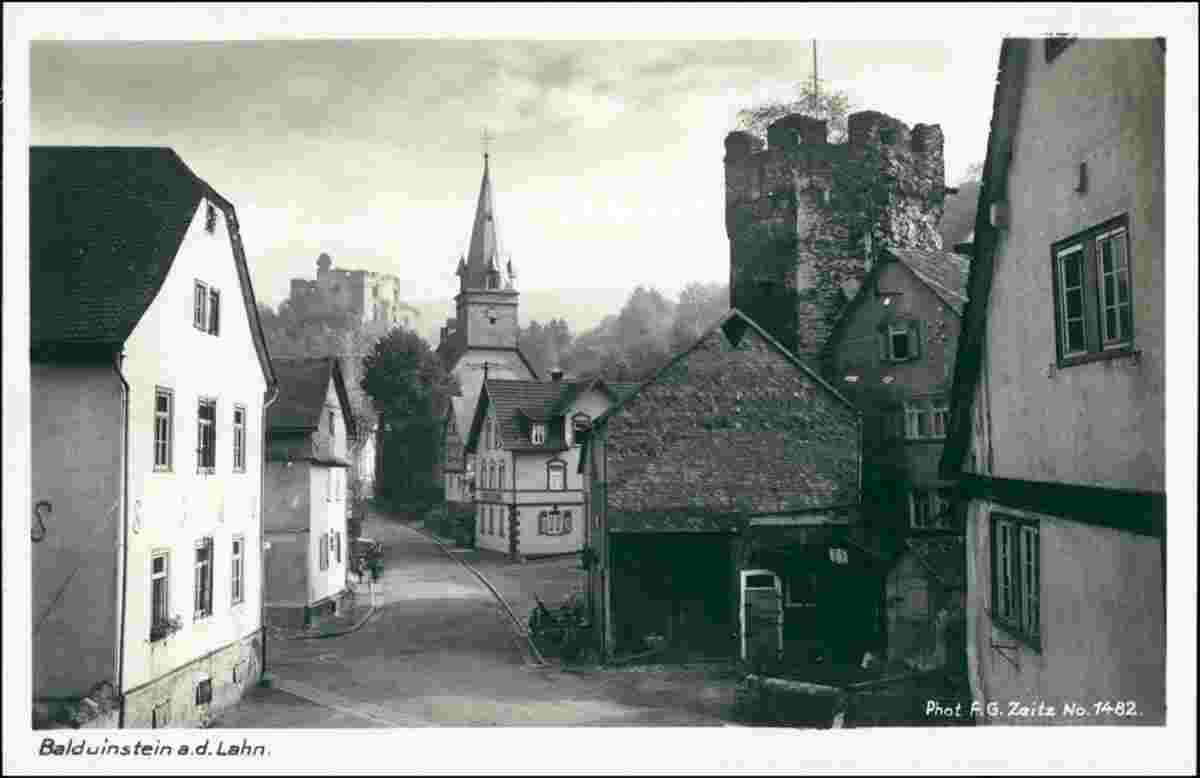 Balduinstein. Blick auf Dorfstraße, Turm und Kirche, 1929