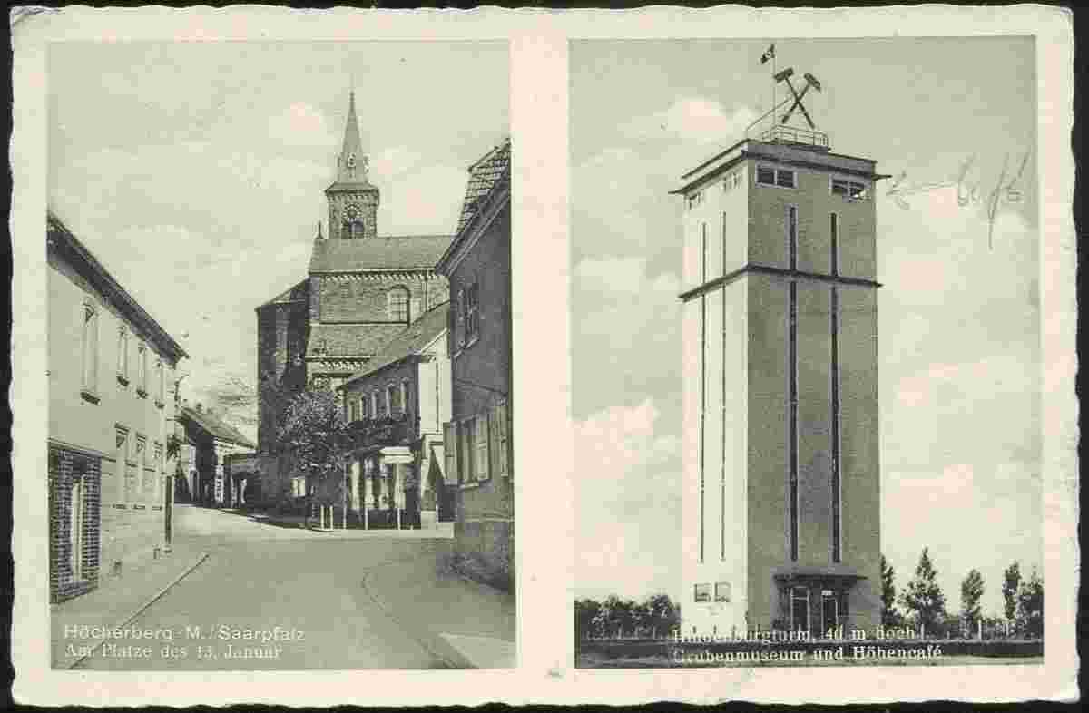 Bexbach. Platz des 13. Januar, Hindenburgturm mit Grubenmuseum und Höhencafe