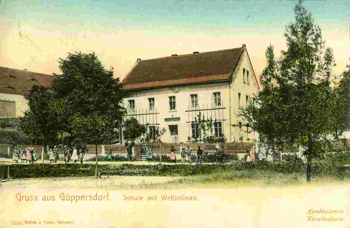 Bahretal. Göppersdorf - Schule mit Wettinlinde, 1903