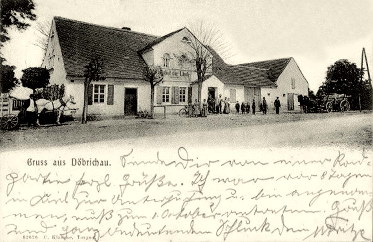 Beilrode. Döbrichau - Gasthof zur Linde, Anwohner, Kutschen, 1904
